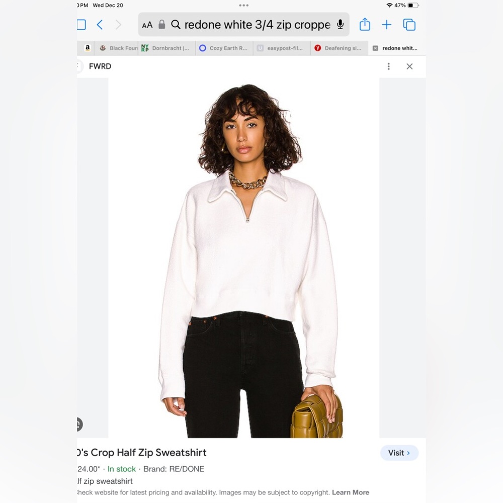 Re/done white cotton 3/4 zip cropped sweatshirt